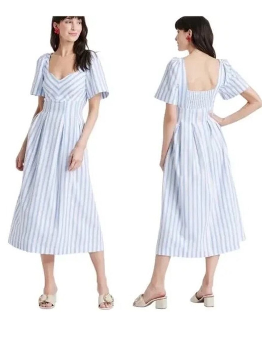 A New Day Blue White Stripe Midi Dress Puff Sleeve Coastal Cottagecore 8